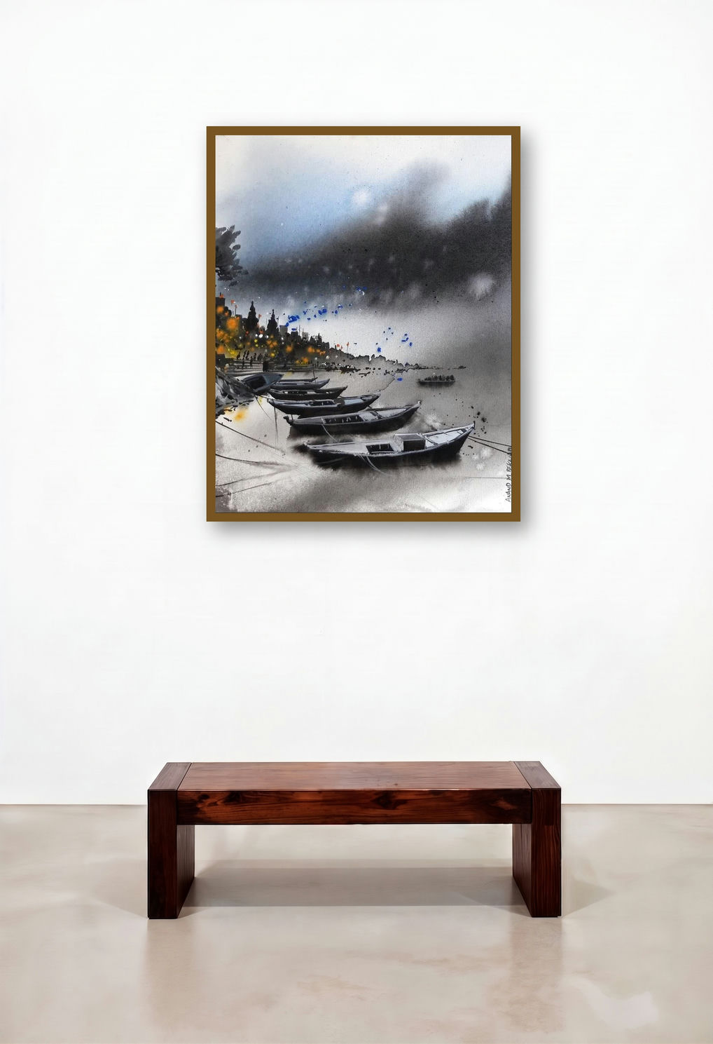 Banaras Boat 1 (Monsoon's Approach) by artist Anand Bekwad displayed in a Designer Lounge