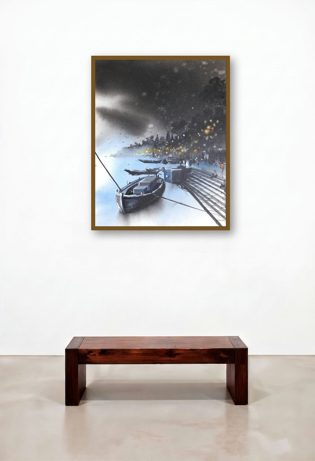 Banaras Boat 2 (Ganga Aarti at Dusk) by artist Anand Bekwad displayed in a Contemporary Foyer