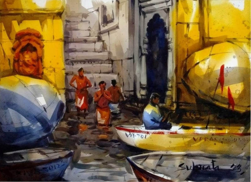 'Banaras Boat' religious watercolor painting by artist Subrata Malakar, 22x30 inch, on paper