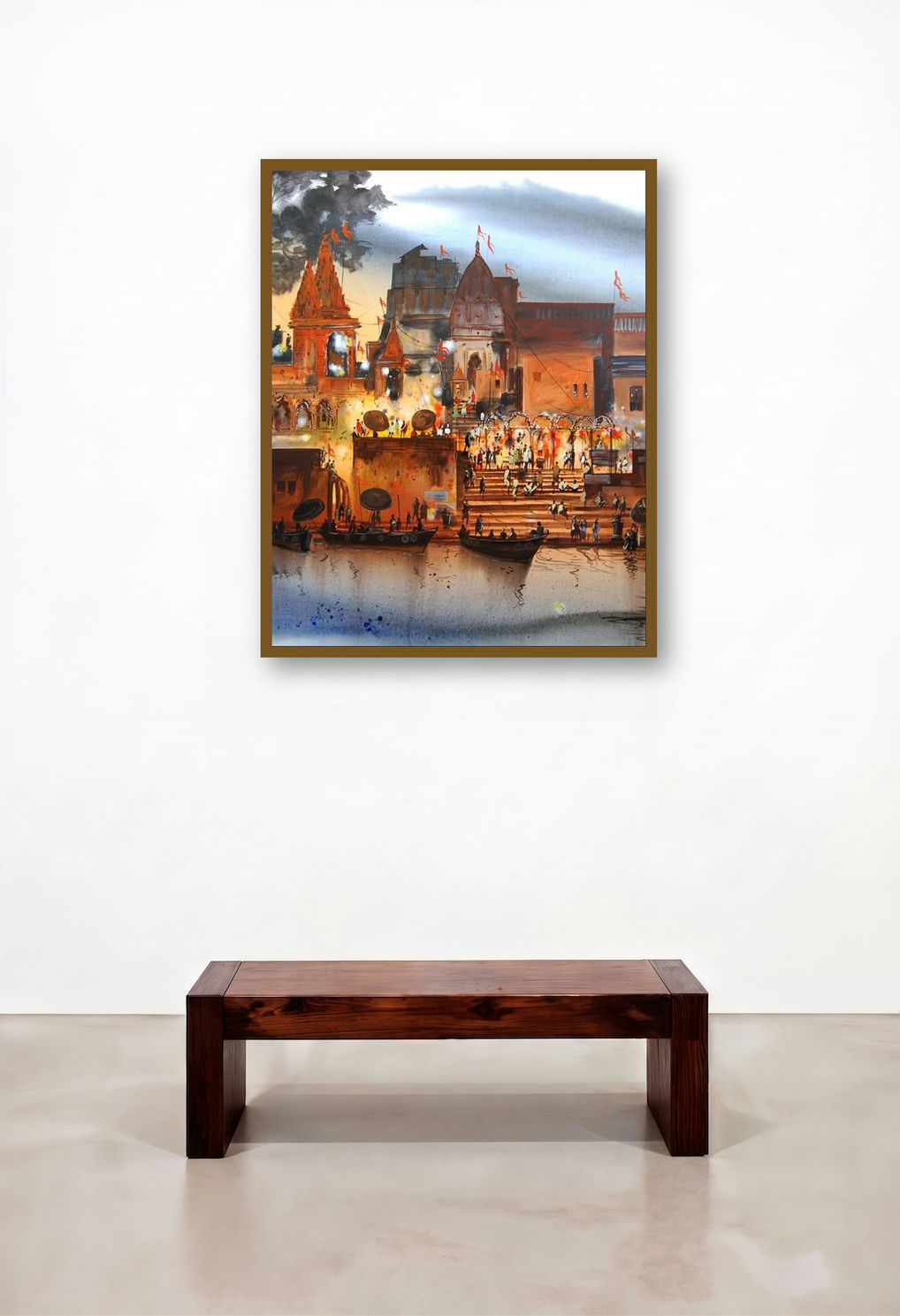 Banaras Evening Lights (Evening Ritual) by artist Anand Bekwad displayed in a Mid-Century Modern Hotel Lobby