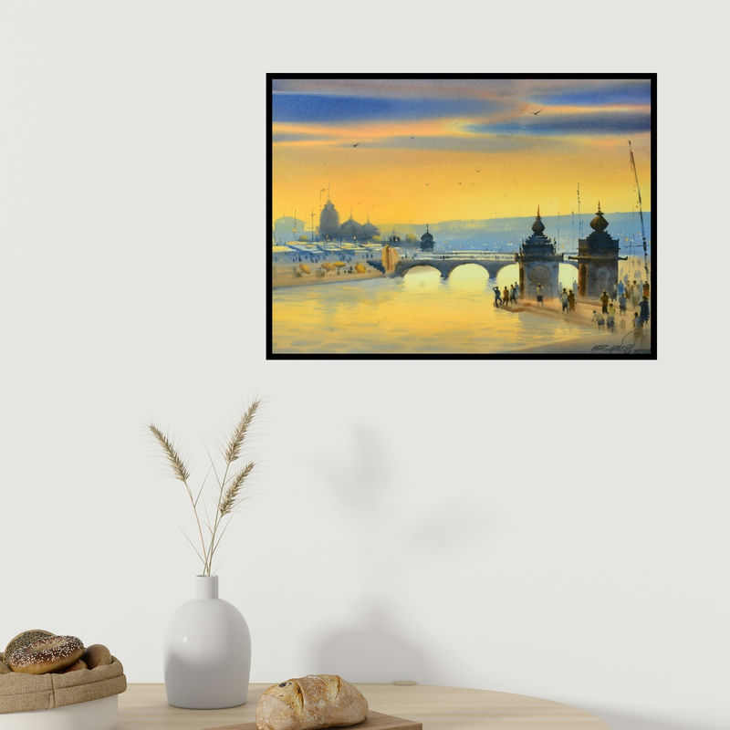 In-situ view of Ganesh Hire's 'Banaras Ganga Ghat 10' painting in a room