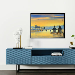 Preview of 'Banaras Ganga Ghat 10' Painting by Ganesh Hire shown on a wall in a furnished room.