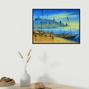 In-situ view of Ganesh Hire's 'Banaras Ganga Ghat 11 (City of Dreams)' painting in a room