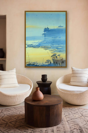 Banaras Ganga Ghat 15 (Dawns Embrace) by artist Ganesh Hire displayed in a Minimalist gallery