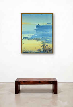 Banaras Ganga Ghat 15 (Dawns Embrace) by artist Ganesh Hire displayed in a Traditional Hallway
