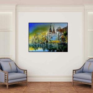 'Banaras Ghat' painting by Bhuwan Silhare shown on a wall in a furnished room.