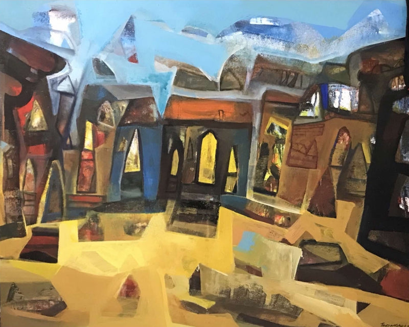 Banaras Ghat 1' religious acrylic painting by artist Tapas Ghoshal, 42x54 inch, on canvas