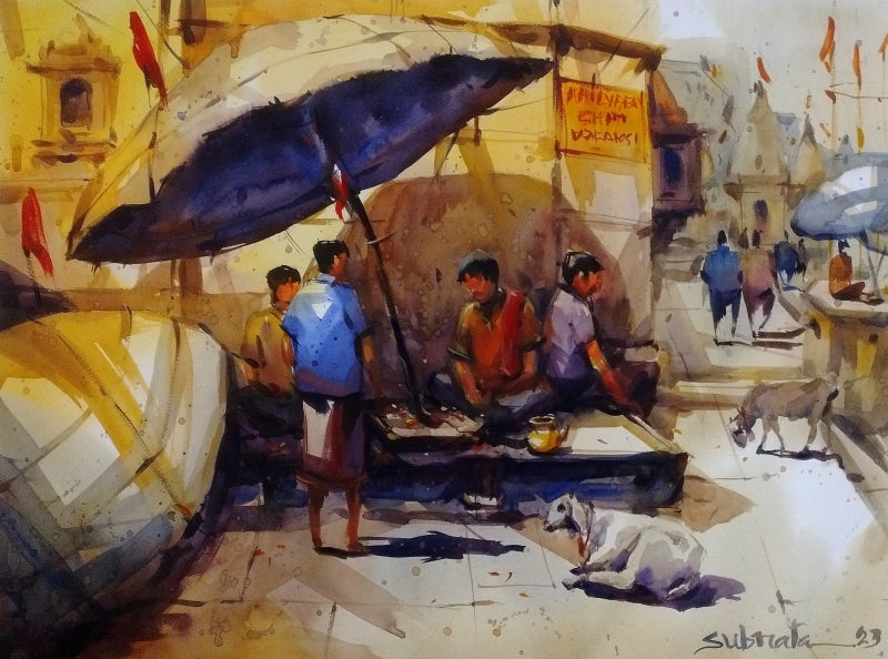Banaras Ghat 1' religious watercolor painting by artist Subrata Malakar, 22x30 inch, on paper