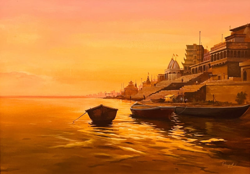 Banaras Ghat 1' religious acrylic painting by artist Vinayak Potdar, 30x42 inch, on canvas