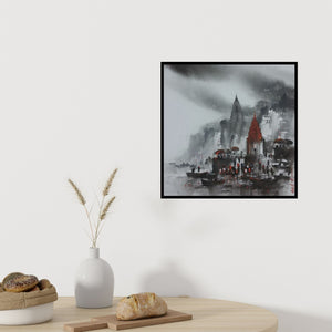 In-situ view of Ashif Hossain's 'Banaras Ghat 1' painting in a room