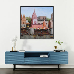 'Banaras Ghat 1 (Sacred Ganges)' painting by Purnendu Mandal shown on a wall in a furnished room.