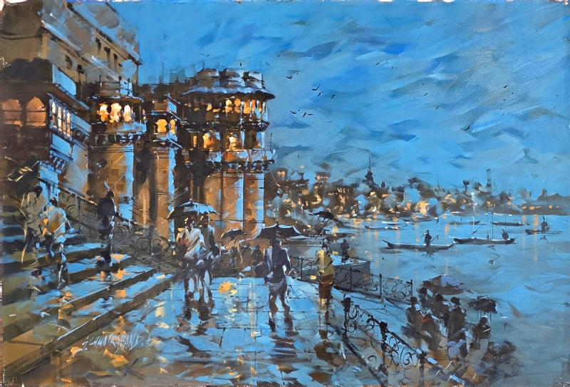 'Banaras Ghat' religious acrylic painting by artist Sandeep Chhatraband, 33x49 inch, on canvas