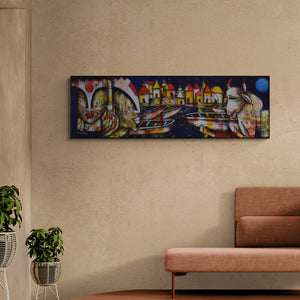 Preview of 'Banaras Ghat 11 (Celestial Confluence)' Painting by Anupam Pal shown on a wall in a furnished room.