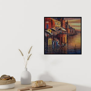 In-situ view of Paramesh Paul's 'Banaras Ghat 13 (Pilgrimage at Sunset)' painting in a room