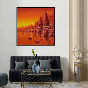 Reba Mandal's 'Banaras Ghat 17' painting visualized above a sofa in a contemporary room.