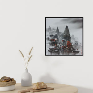 In-situ view of Ashif Hossain's 'Banaras Ghat 2' painting in a room