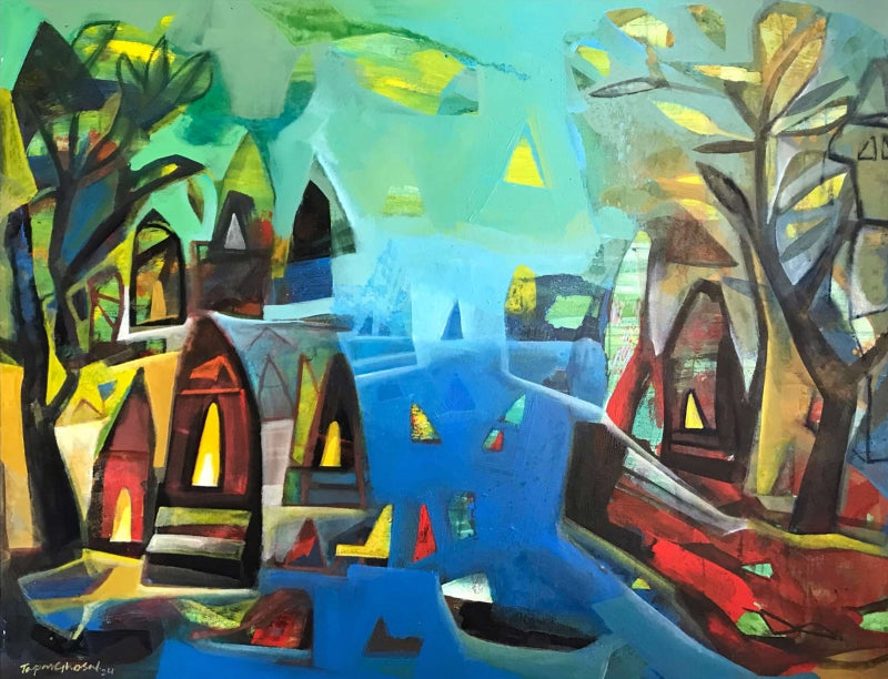 Banaras Ghat 2' religious acrylic painting by artist Tapas Ghoshal, 42x54 inch, on canvas
