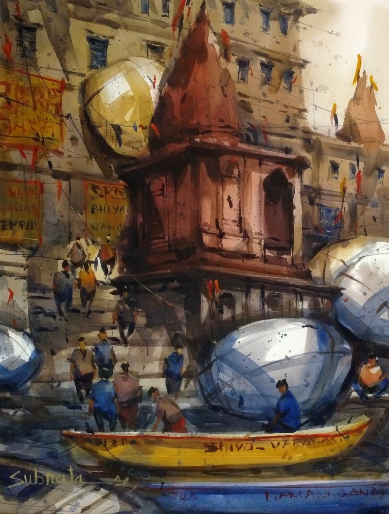 Banaras Ghat 2' religious watercolor painting by artist Subrata Malakar, 30x22 inch, on paper