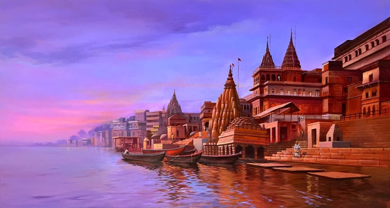 Banaras Ghat 2' religious acrylic painting by artist Vinayak Potdar, 33x55 inch, on canvas