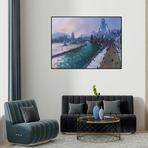 Bijay Biswaal's 'Banaras Ghat 2 (Shiva's Benevolent Gaze)' painting visualized above a sofa in a contemporary room.