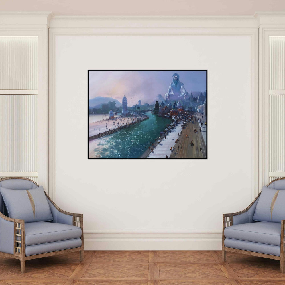 'Banaras Ghat 2 (Shiva's Benevolent Gaze)' painting by Bijay Biswaal shown on a wall in a furnished room.