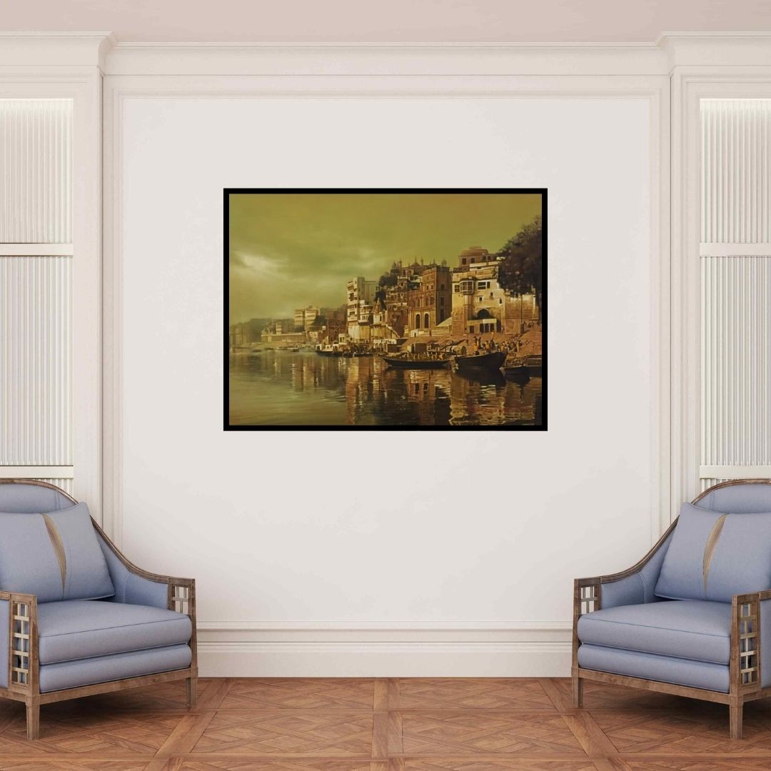 In-situ view of Kamal Rao's 'Banaras Ghat 2' painting in a room