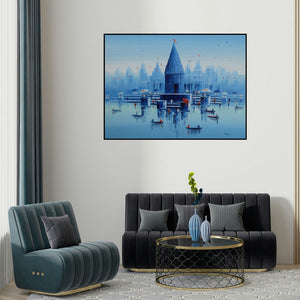 Reba Mandal's 'Banaras Ghat 21' painting visualized above a sofa in a contemporary room.