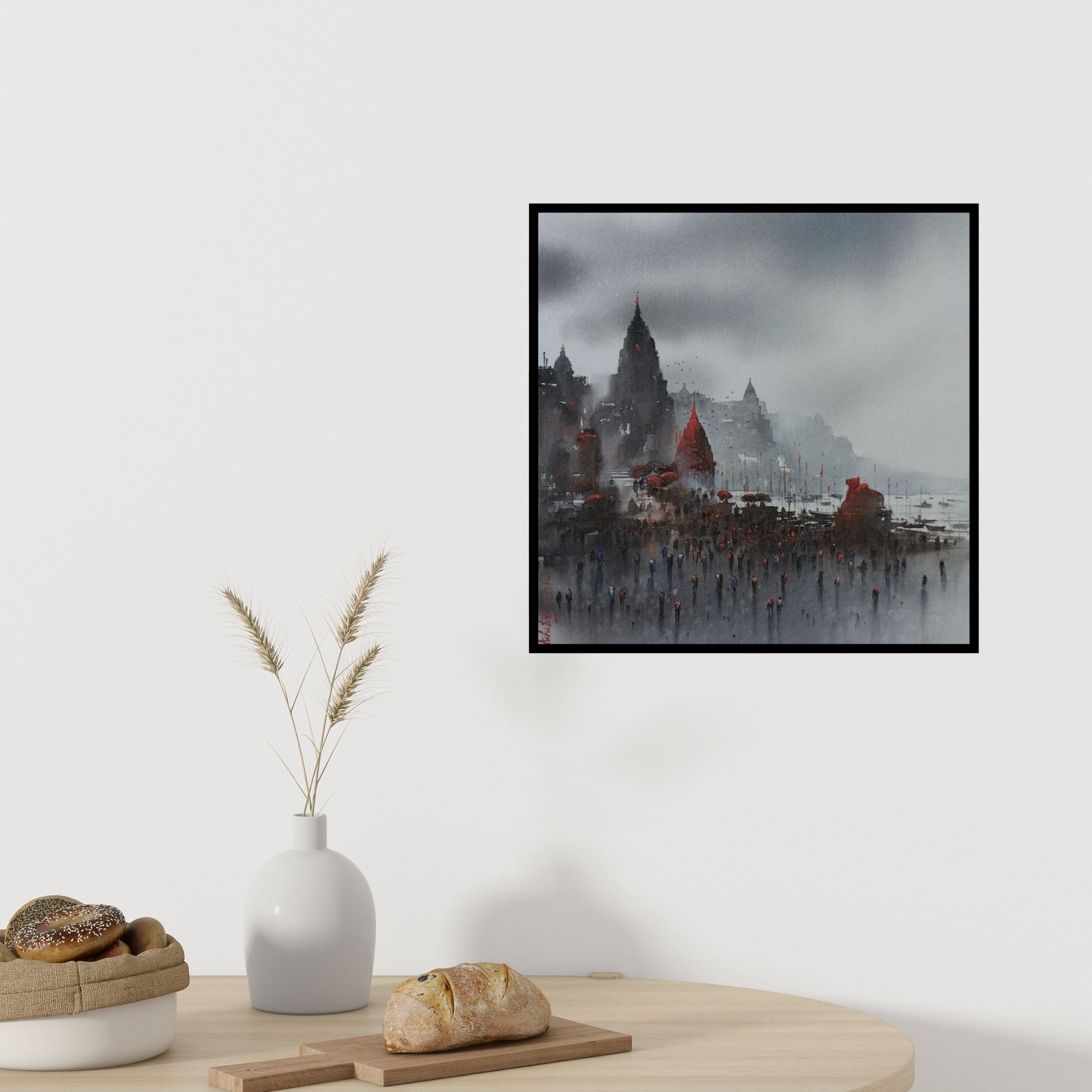 In-situ view of Ashif Hossain's 'Banaras Ghat 22' painting in a room