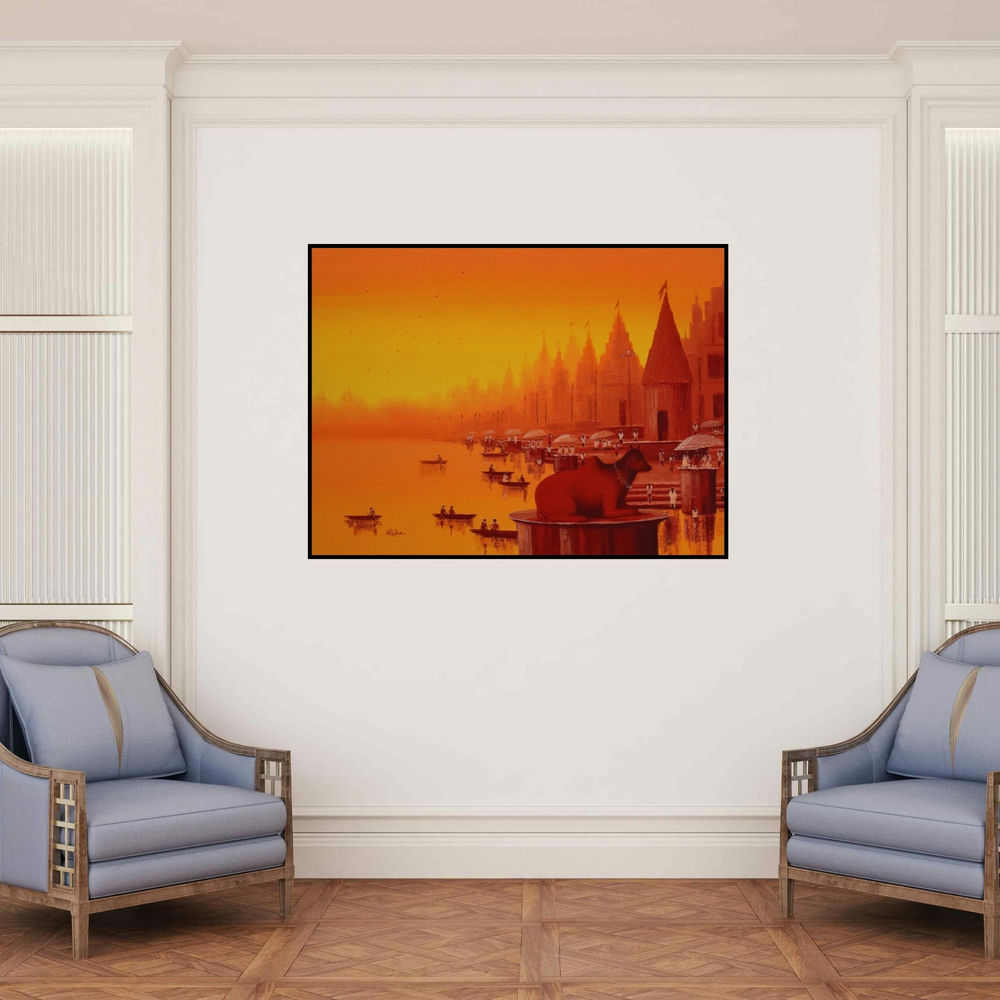 'Banaras Ghat 22' painting by Reba Mandal shown on a wall in a furnished room.