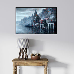 In-situ view of Paramesh Paul's 'Banaras Ghat' painting in a room