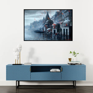 Preview of 'Banaras Ghat' Painting by Paramesh Paul shown on a wall in a furnished room.