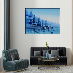 Reba Mandal's 'Banaras Ghat 23' painting visualized above a sofa in a contemporary room.