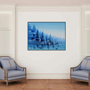 'Banaras Ghat 23' painting by Reba Mandal shown on a wall in a furnished room.