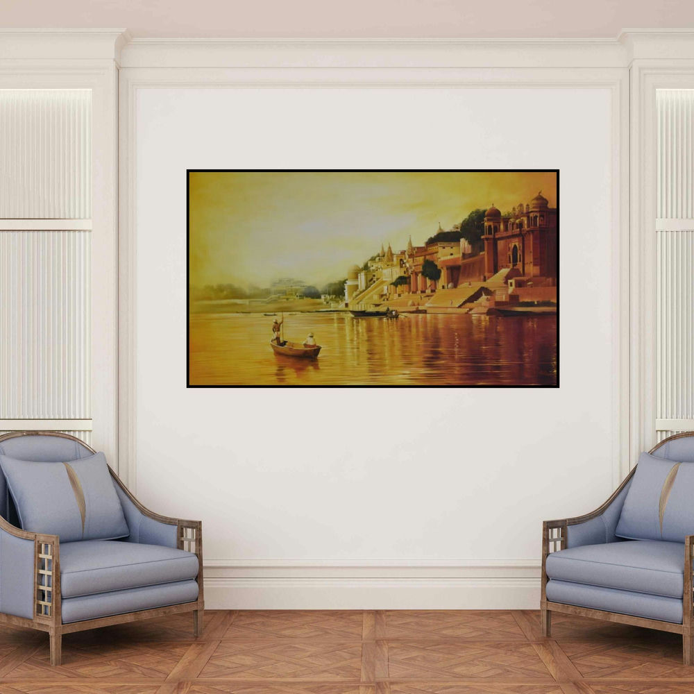 'Banaras Ghat' painting by Kamal Rao shown on a wall in a furnished room.