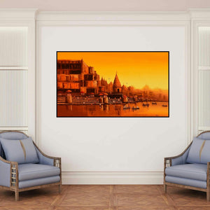 'Banaras Ghat 24' painting by Reba Mandal shown on a wall in a furnished room.