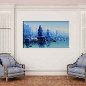 'Banaras Ghat 26' painting by Reba Mandal shown on a wall in a furnished room.
