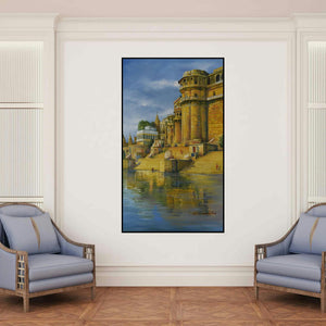 'Banaras Ghat (Varanasi Reflections)' painting by Kamal Rao shown on a wall in a furnished room.
