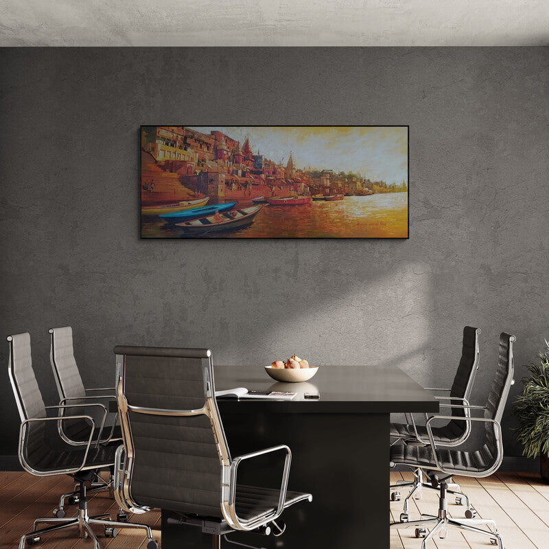 In-situ view of Kamal Rao's 'Banaras Ghat' painting in a room