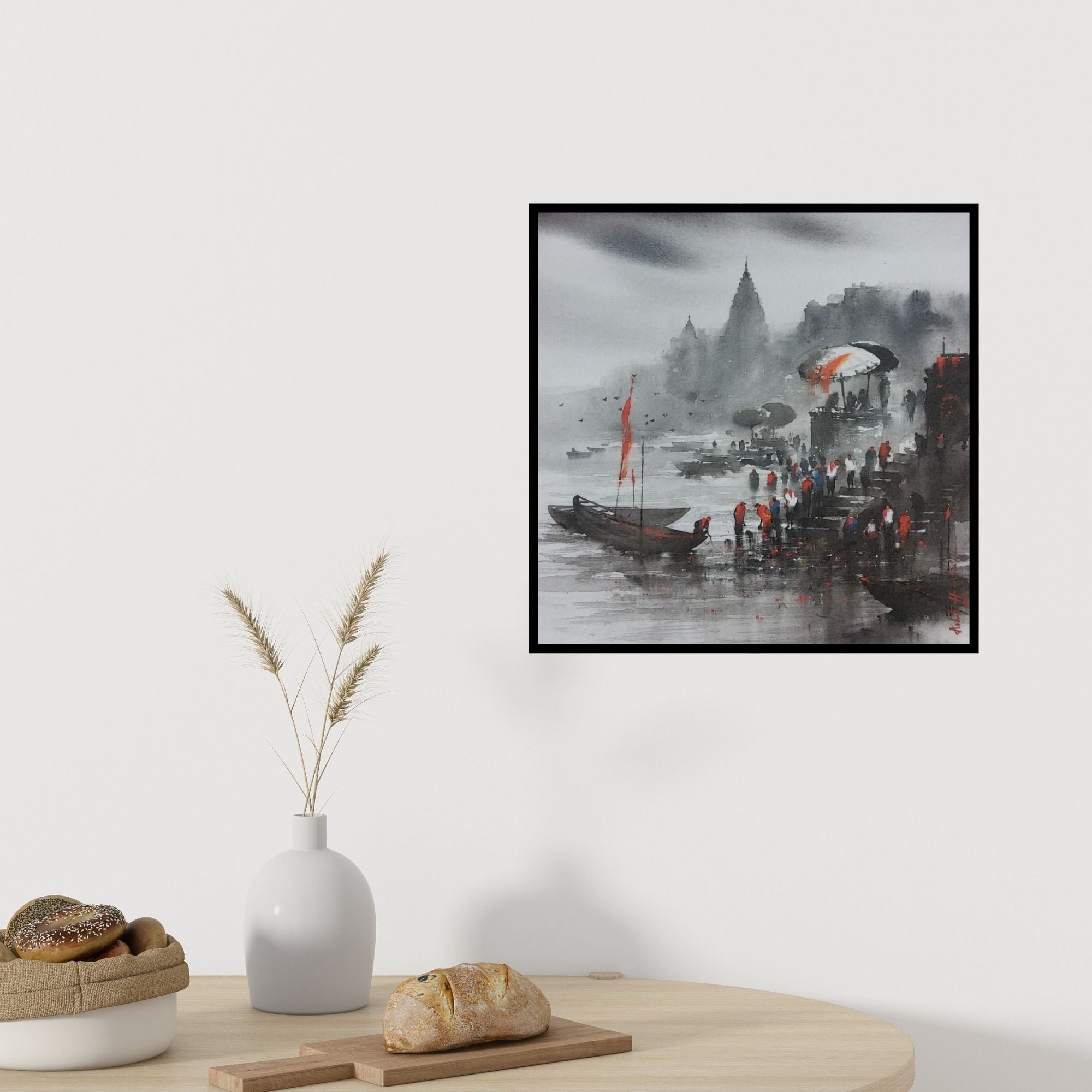 In-situ view of Ashif Hossain's 'Banaras Ghat 3' painting in a room