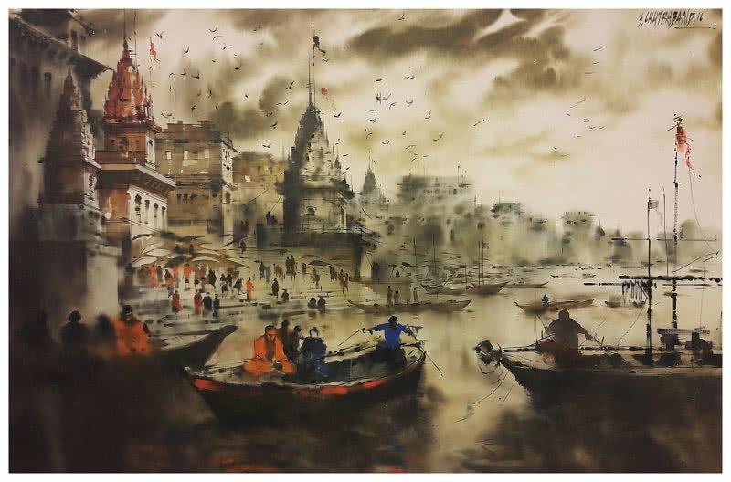 Landscape acrylic painting titled 'Banaras Ghat 3', 36x54 inches, by artist Sandeep Chhatraband on Canvas