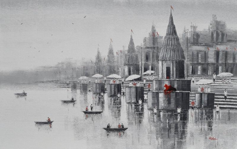 Cityscape acrylic painting titled 'Banaras Ghat 31', 30x48 inches, by artist Reba Mandal on Canvas