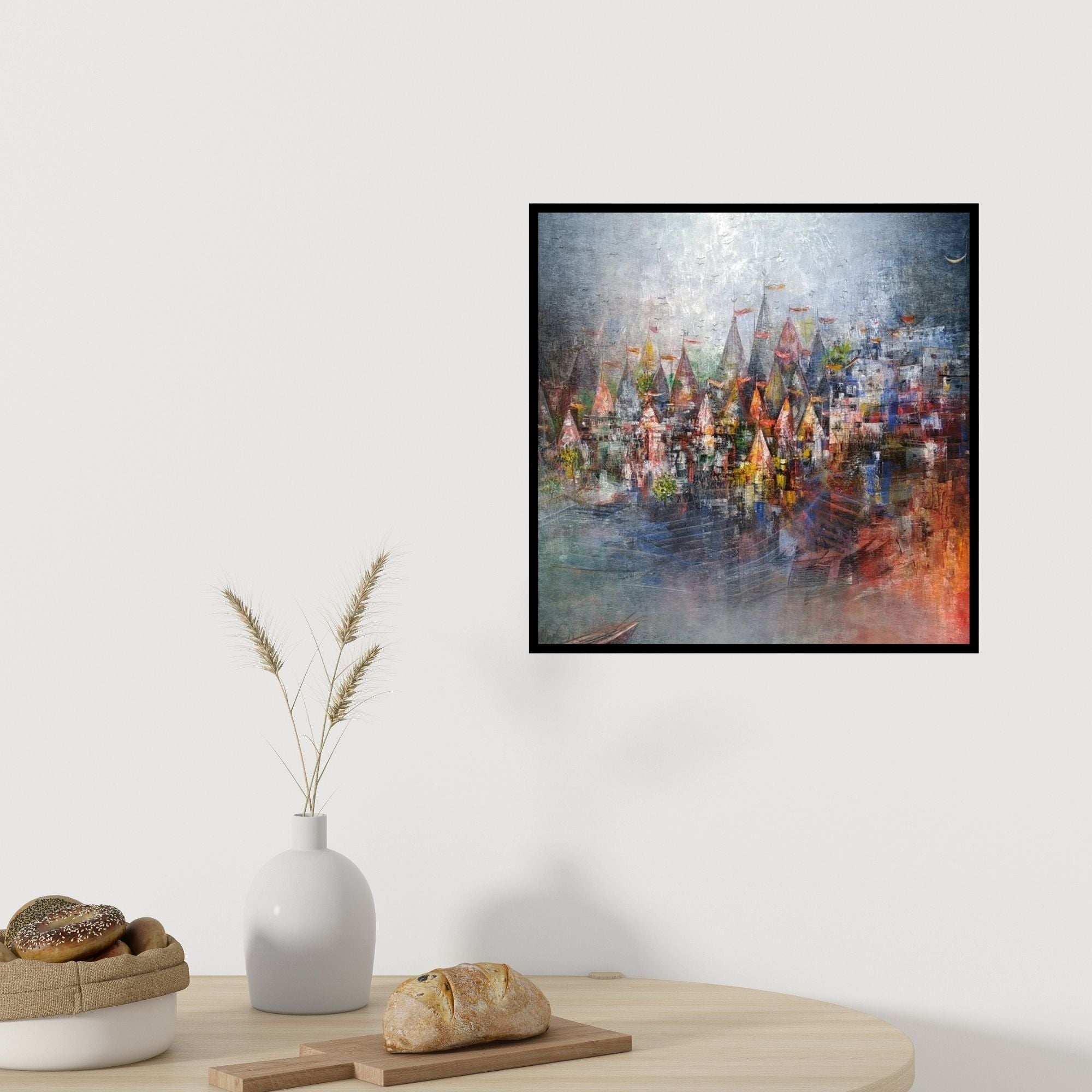 In-situ view of M Singh's 'Banaras Ghat' painting in a room