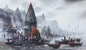 Cityscape acrylic painting titled 'Banaras Ghat 36', 36x60 inches, by artist Ashif Hossain on Canvas
