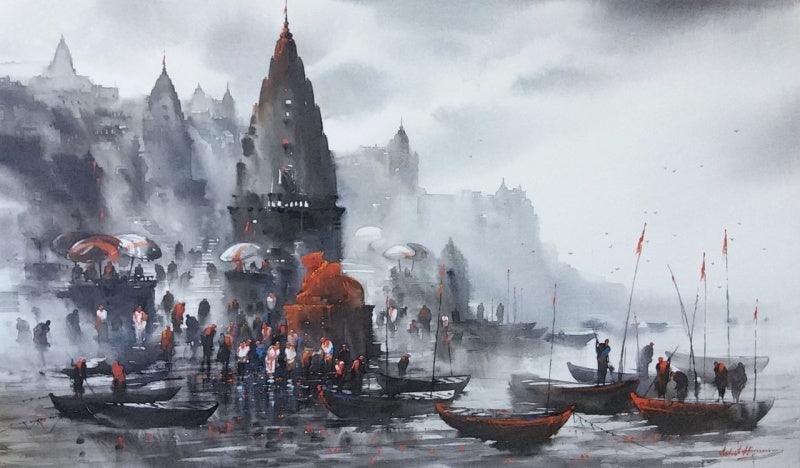 Cityscape acrylic painting titled 'Banaras Ghat 36', 36x60 inches, by artist Ashif Hossain on Canvas