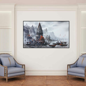 'Banaras Ghat 36' painting by Ashif Hossain shown on a wall in a furnished room.