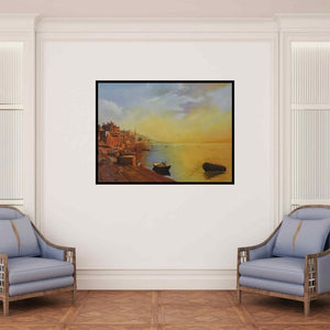 In-situ view of Kamal Rao's 'Banaras Ghat' painting in a room