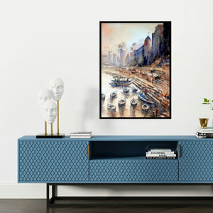 'Banaras Ghat (Sacred Waters)' painting by Sanjay Dhawale shown on a wall in a furnished room.