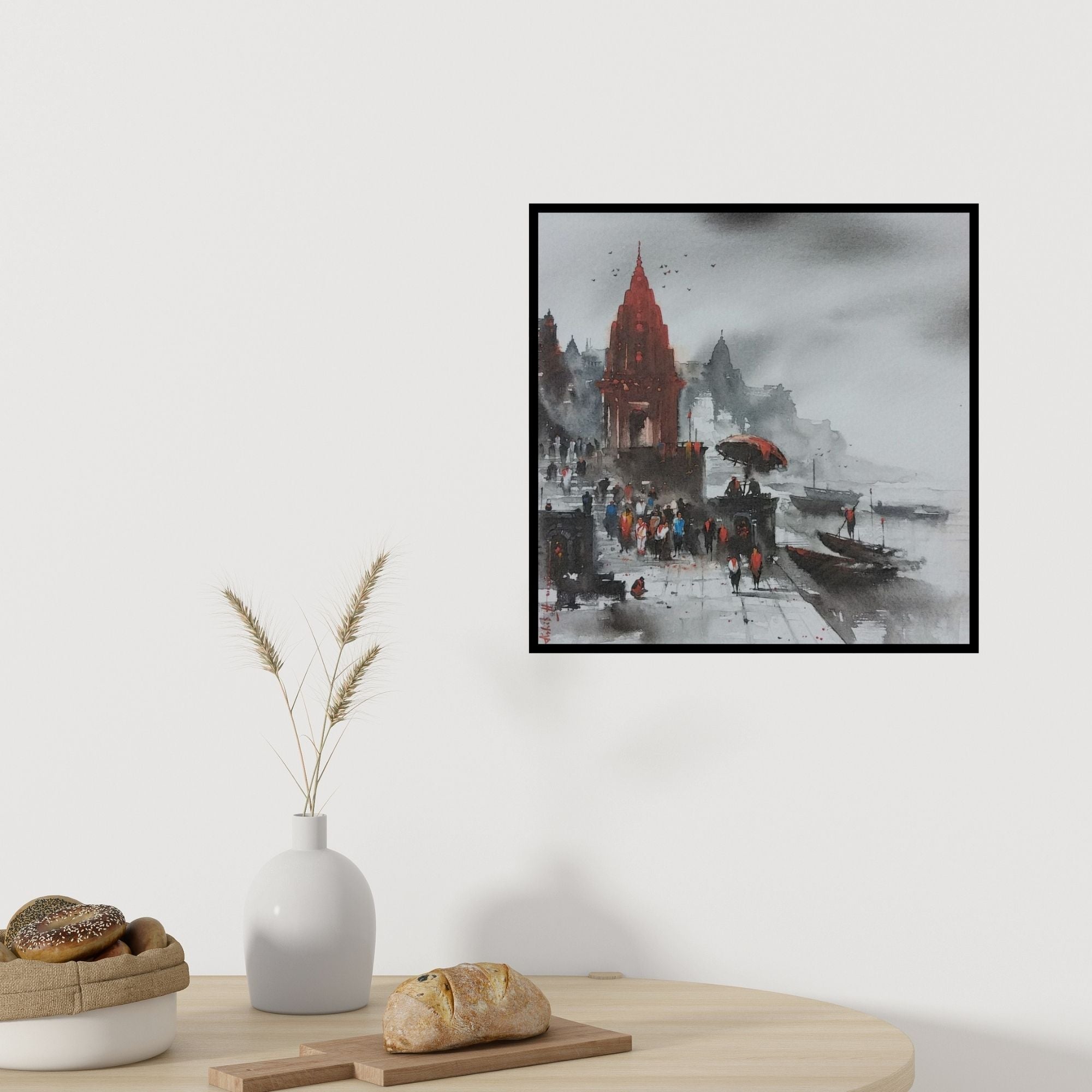 In-situ view of Ashif Hossain's 'Banaras Ghat 4' painting in a room