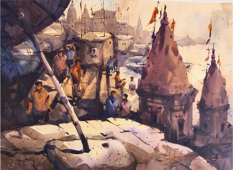 Banaras Ghat 4' religious watercolor painting by artist Subrata Malakar, 22x30 inch, on paper