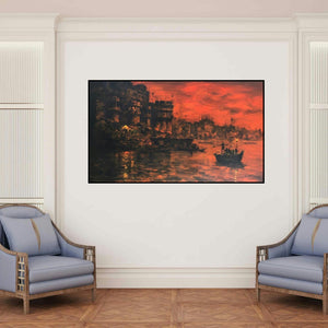 'Banaras Ghat 41 (Sunset on the Ganges)' painting by Sandeep Chhatraband shown on a wall in a furnished room.